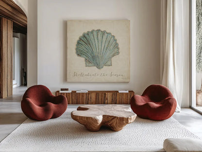 Beach Treasures I Christmas by Emily Adams. Shown as extra-large giant wall art in a modern living room. Available as an archival giclee rolled canvas, fine art paper, or poster print. SKU 44922a.