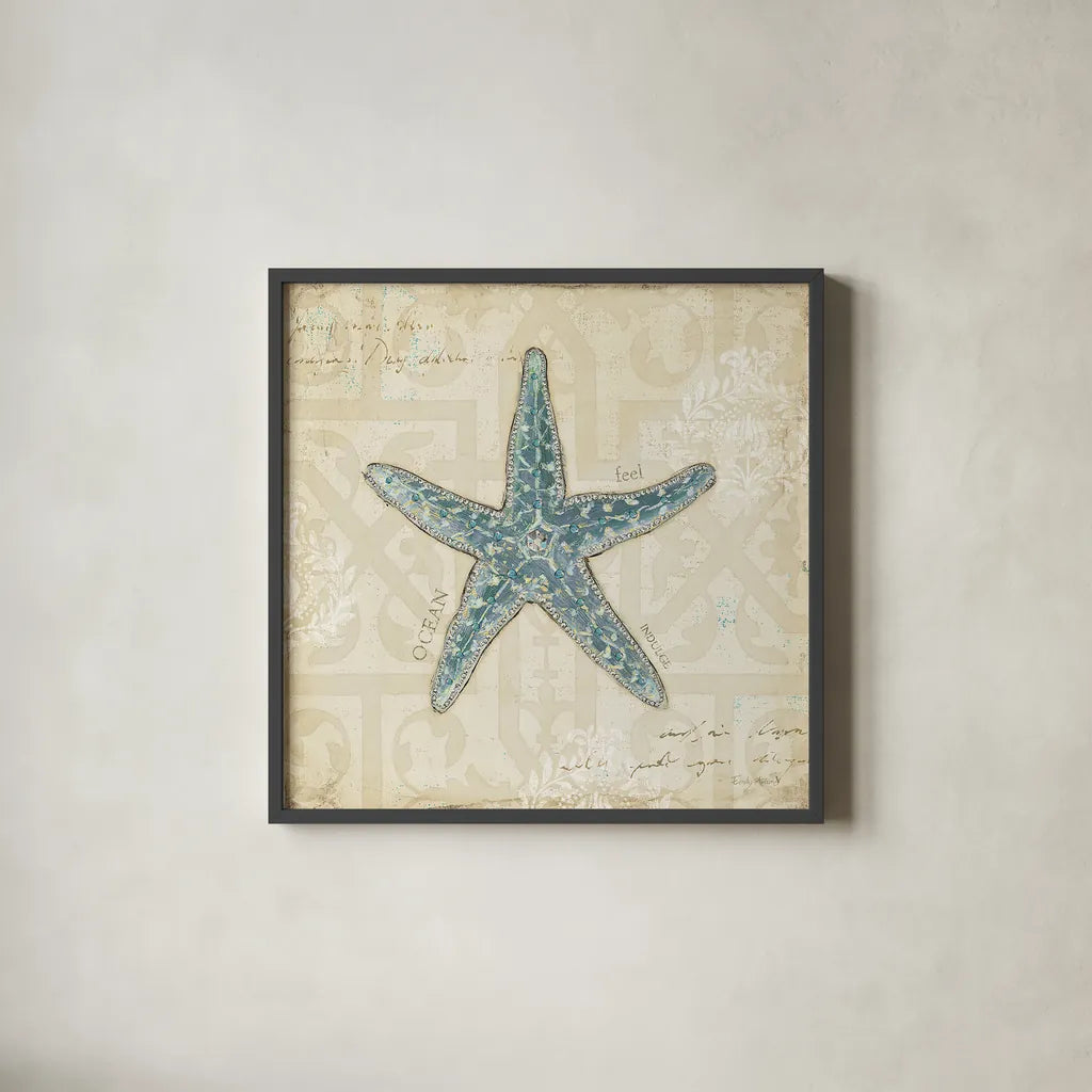 Beach Treasures II by Emily Adams. Shown in a sleek black glass frame for a contemporary gallery look. Available as an archival giclee rolled canvas, fine art paper, or poster print. SKU 13495a.