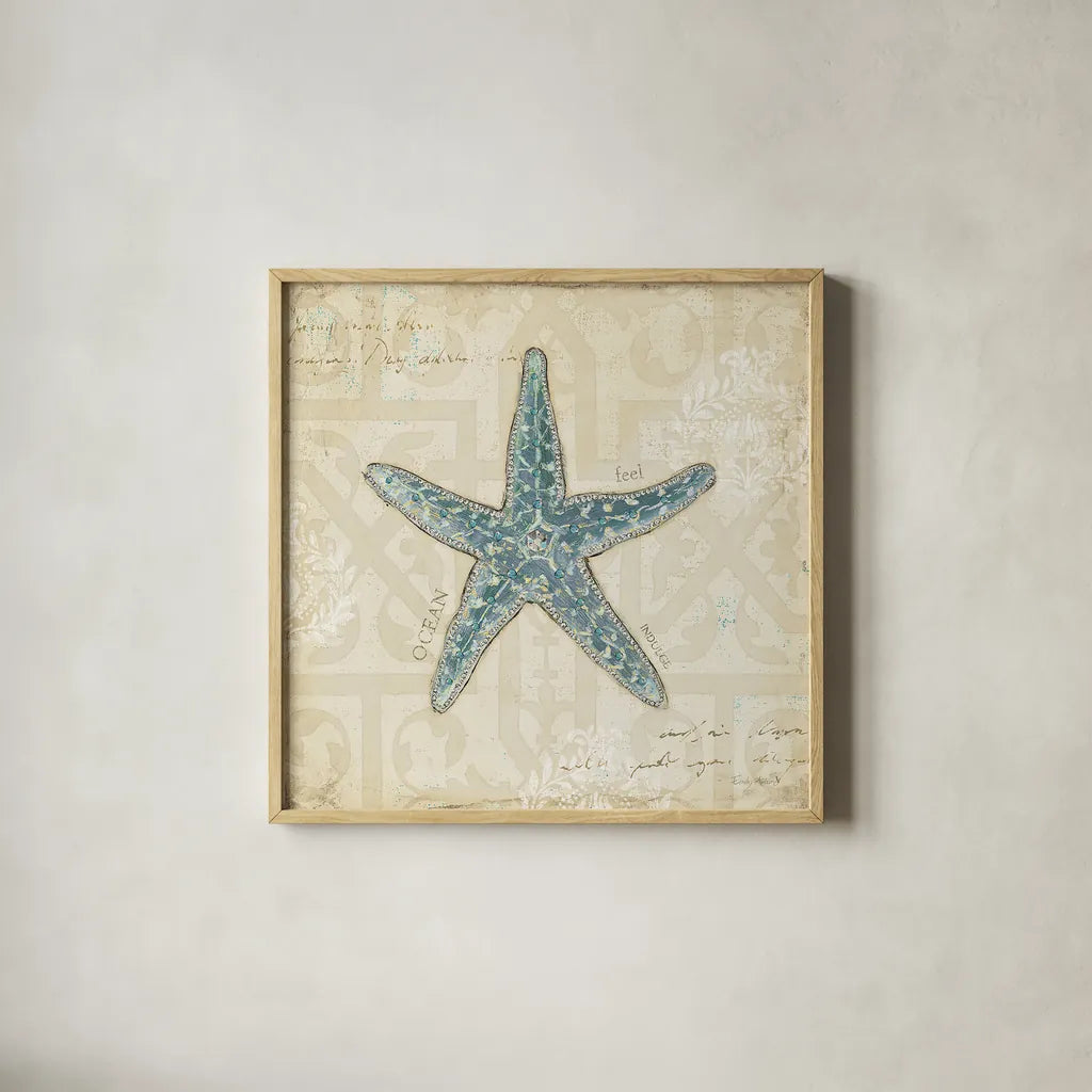 Beach Treasures II by Emily Adams. Shown in a natural wood glass frame for a timeless modern aesthetic. Available as an archival giclee rolled canvas, fine art paper, or poster print. SKU 13495a.