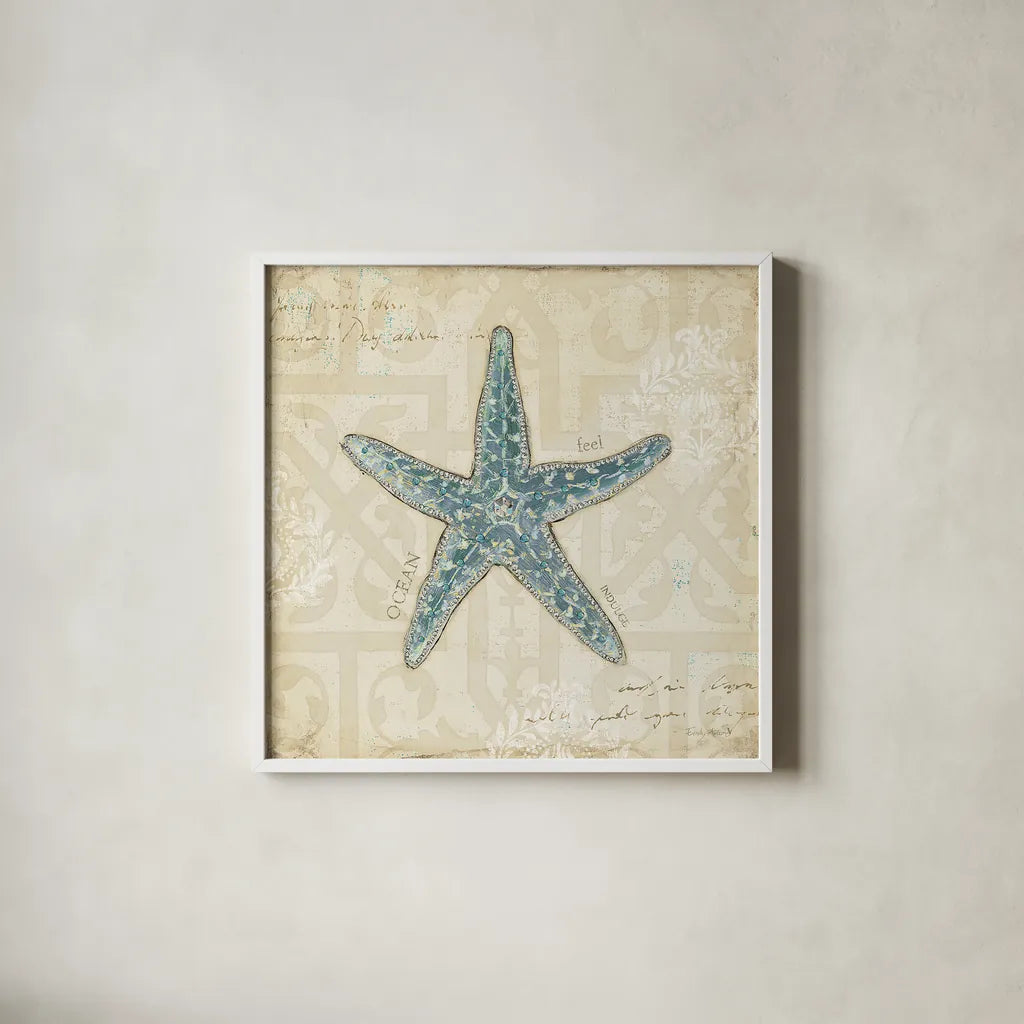Beach Treasures II by Emily Adams. Shown in a crisp white glass frame for a clean and minimalist style. Available as an archival giclee rolled canvas, fine art paper, or poster print. SKU 13495a.