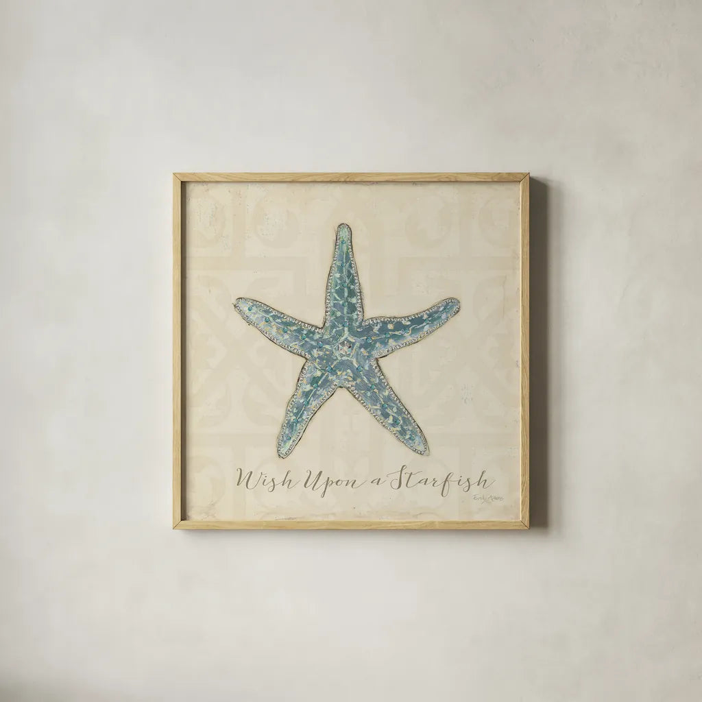 Beach Treasures II Christmas by Emily Adams. Shown in a natural wood glass frame for a timeless modern aesthetic. Available as an archival giclee rolled canvas, fine art paper, or poster print. SKU 44923a.