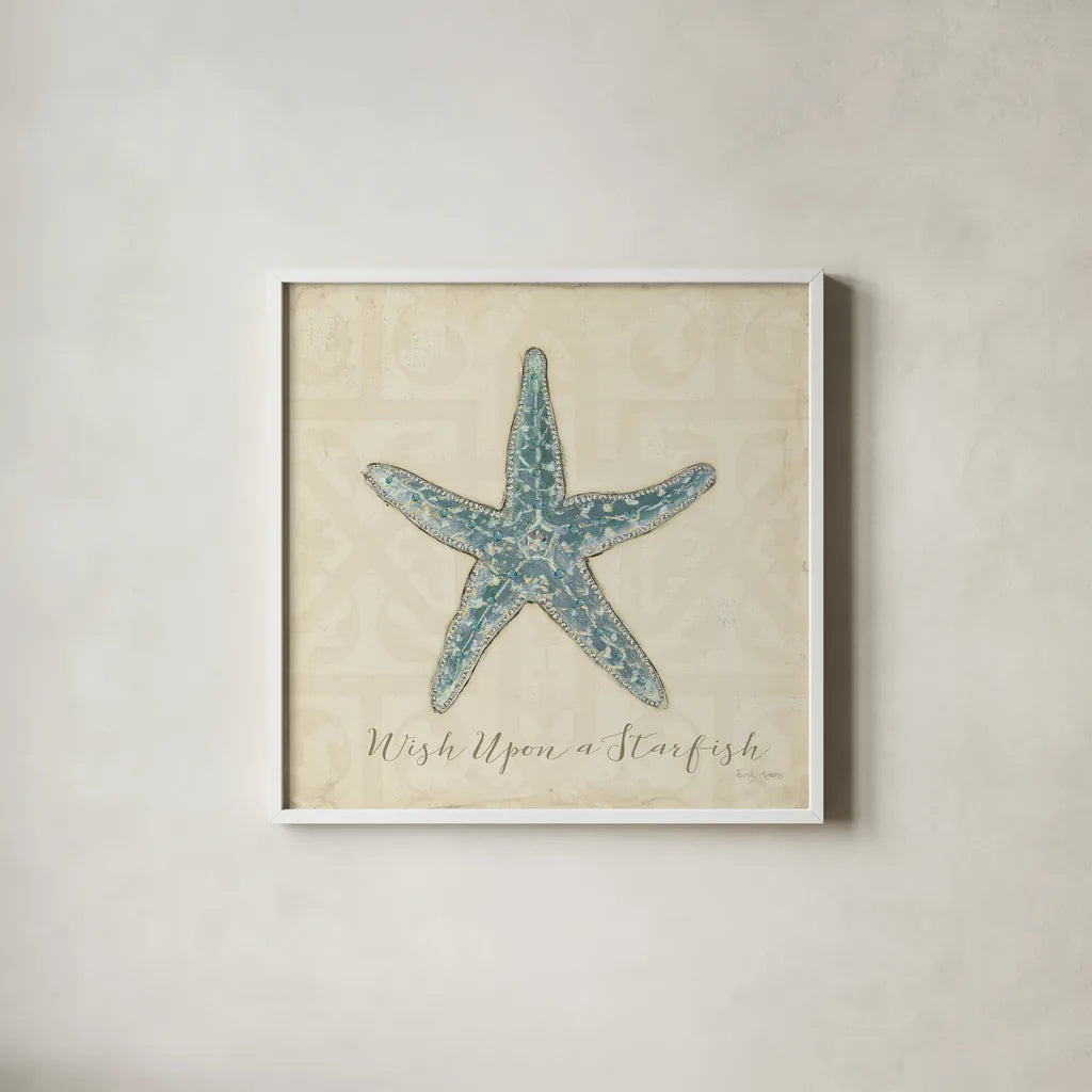 Beach Treasures II Christmas by Emily Adams. Shown in a crisp white glass frame for a clean and minimalist style. Available as an archival giclee rolled canvas, fine art paper, or poster print. SKU 44923a.