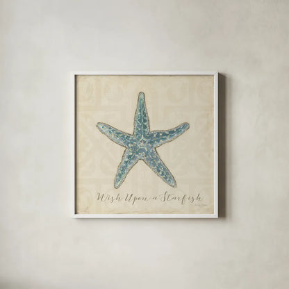 Beach Treasures II Christmas by Emily Adams. Shown in a crisp white glass frame for a clean and minimalist style. Available as an archival giclee rolled canvas, fine art paper, or poster print. SKU 44923a.