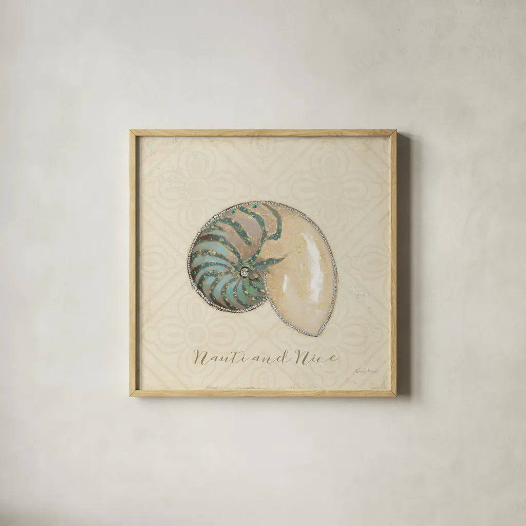 Beach Treasures III Christmas by Emily Adams. Shown in a natural wood glass frame for a timeless modern aesthetic. Available as an archival giclee rolled canvas, fine art paper, or poster print. SKU 44924a.