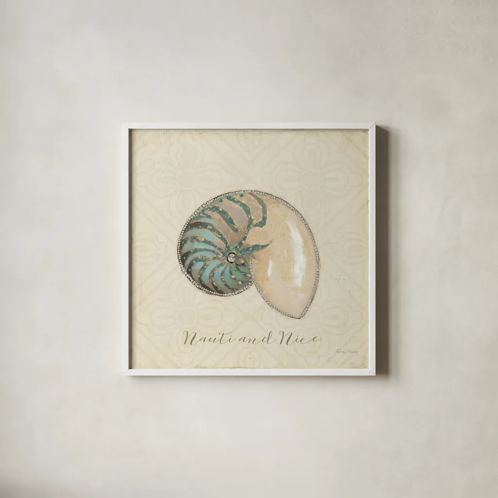 Beach Treasures III Christmas by Emily Adams. Shown in a crisp white glass frame for a clean and minimalist style. Available as an archival giclee rolled canvas, fine art paper, or poster print. SKU 44924a.