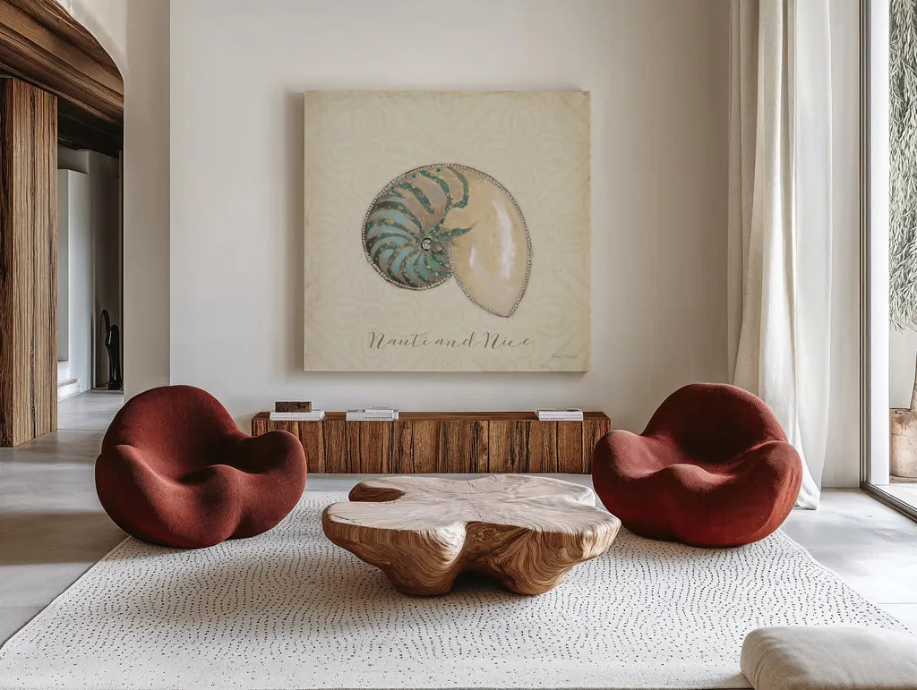 Beach Treasures III Christmas by Emily Adams. Shown as extra-large giant wall art in a modern living room. Available as an archival giclee rolled canvas, fine art paper, or poster print. SKU 44924a.