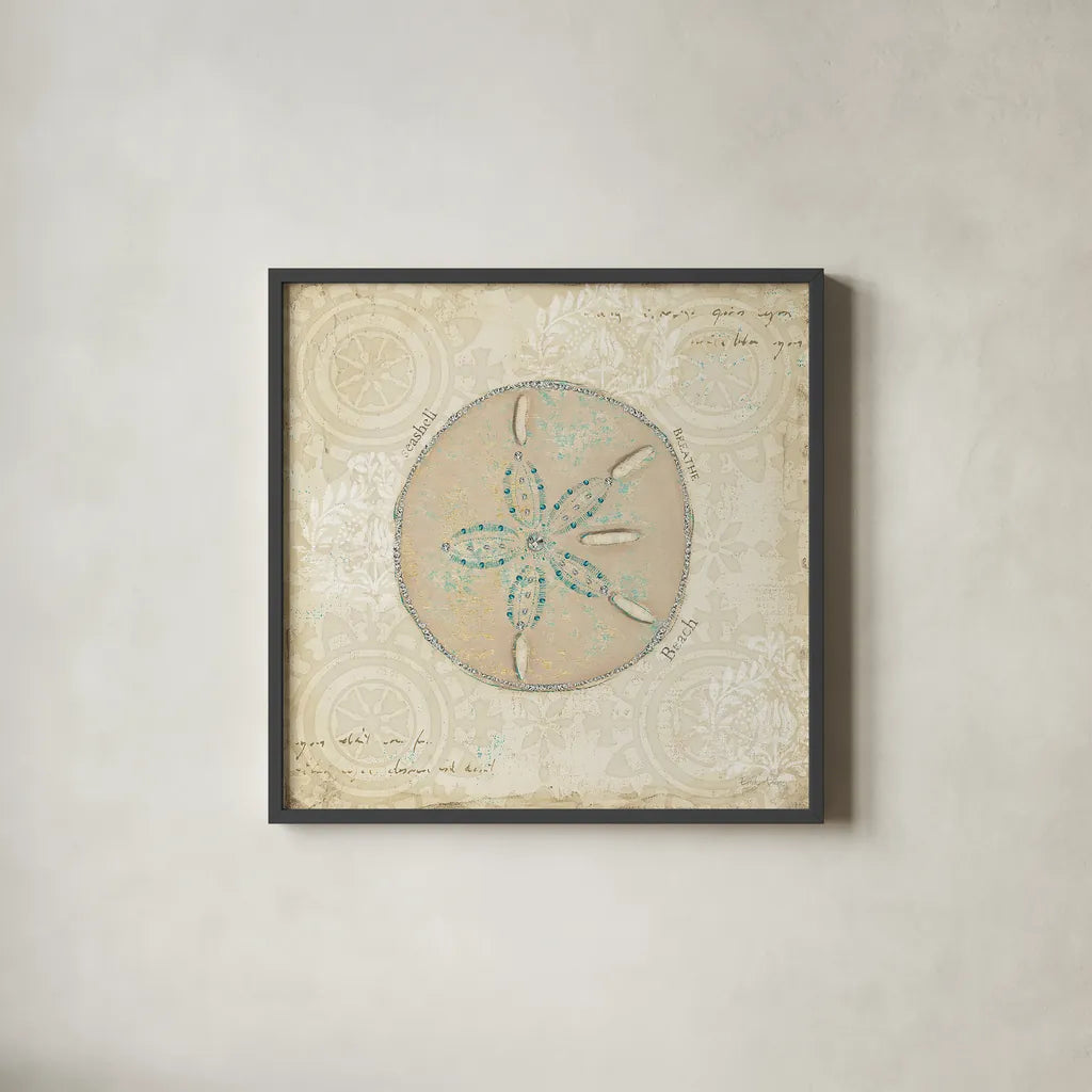 Beach Treasures IV by Emily Adams. Shown in a sleek black glass frame for a contemporary gallery look. Available as an archival giclee rolled canvas, fine art paper, or poster print. SKU 13497a.