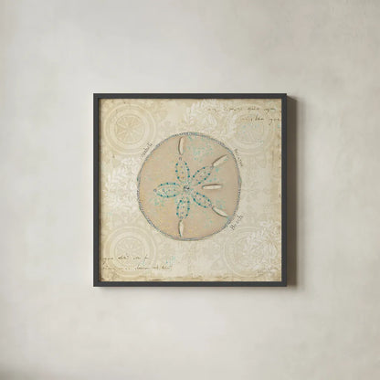 Beach Treasures IV by Emily Adams. Shown in a sleek black glass frame for a contemporary gallery look. Available as an archival giclee rolled canvas, fine art paper, or poster print. SKU 13497a.