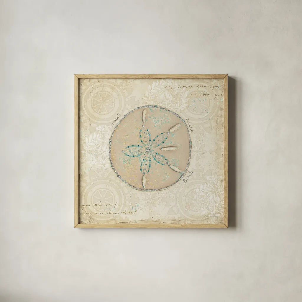 Beach Treasures IV by Emily Adams. Shown in a natural wood glass frame for a timeless modern aesthetic. Available as an archival giclee rolled canvas, fine art paper, or poster print. SKU 13497a.