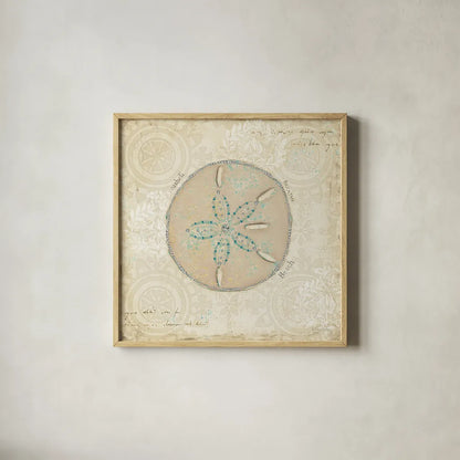 Beach Treasures IV by Emily Adams. Shown in a natural wood glass frame for a timeless modern aesthetic. Available as an archival giclee rolled canvas, fine art paper, or poster print. SKU 13497a.