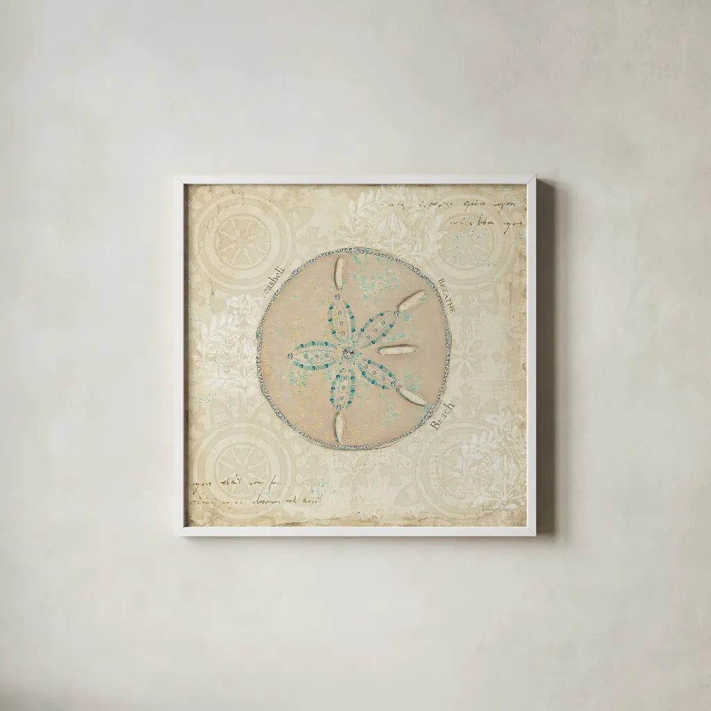 Beach Treasures IV by Emily Adams. Shown in a crisp white glass frame for a clean and minimalist style. Available as an archival giclee rolled canvas, fine art paper, or poster print. SKU 13497a.