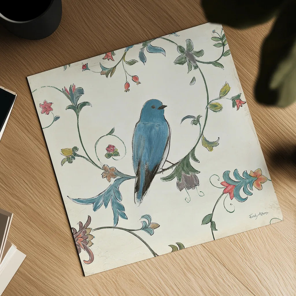 Birds Gem I by Emily Adams. Shown as a detailed flat fine art print, highlighting archival giclee quality. Available as an archival giclee rolled canvas, fine art paper, or poster print. SKU 14122a.