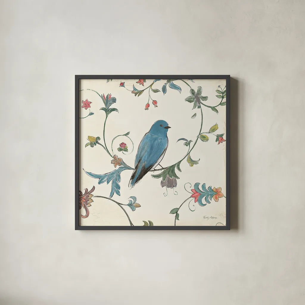 Birds Gem I by Emily Adams. Shown in a sleek black glass frame for a contemporary gallery look. Available as an archival giclee rolled canvas, fine art paper, or poster print. SKU 14122a.