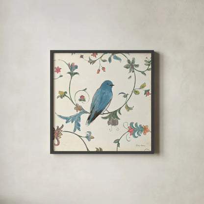 Birds Gem I by Emily Adams. Shown in a sleek black glass frame for a contemporary gallery look. Available as an archival giclee rolled canvas, fine art paper, or poster print. SKU 14122a.