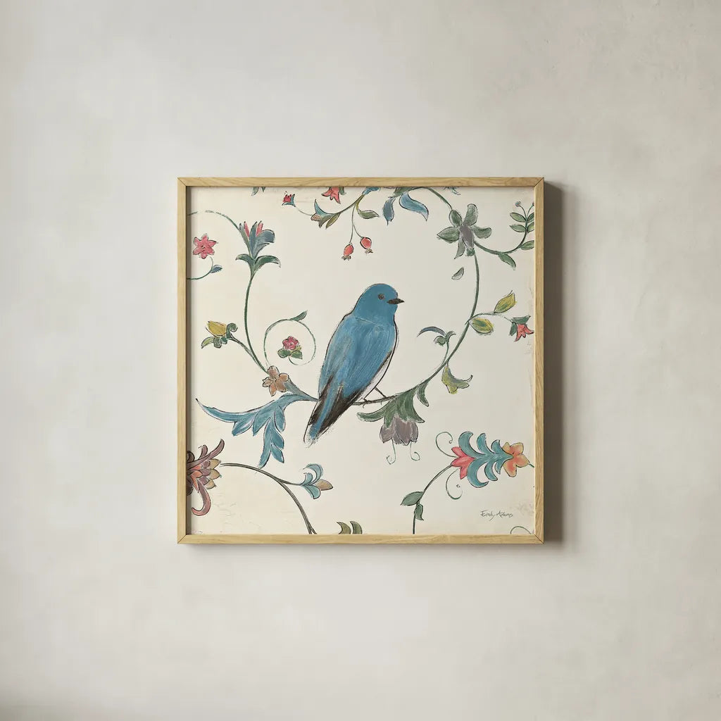 Birds Gem I by Emily Adams. Shown in a natural wood glass frame for a timeless modern aesthetic. Available as an archival giclee rolled canvas, fine art paper, or poster print. SKU 14122a.