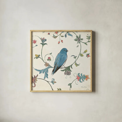 Birds Gem I by Emily Adams. Shown in a natural wood glass frame for a timeless modern aesthetic. Available as an archival giclee rolled canvas, fine art paper, or poster print. SKU 14122a.