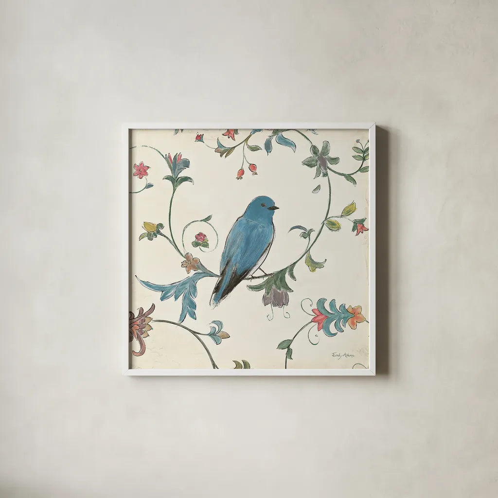 Birds Gem I by Emily Adams. Shown in a crisp white glass frame for a clean and minimalist style. Available as an archival giclee rolled canvas, fine art paper, or poster print. SKU 14122a.