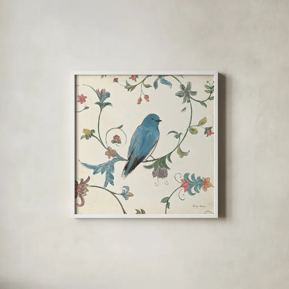 Birds Gem I by Emily Adams. Shown in a crisp white glass frame for a clean and minimalist style. Available as an archival giclee rolled canvas, fine art paper, or poster print. SKU 14122a.
