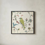 Birds Gem IV by Emily Adams. Shown in a sleek black glass frame for a contemporary gallery look. Available as an archival giclee rolled canvas, fine art paper, or poster print. SKU 14125a.