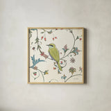Birds Gem IV by Emily Adams. Shown in a natural wood glass frame for a timeless modern aesthetic. Available as an archival giclee rolled canvas, fine art paper, or poster print. SKU 14125a.