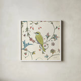 Birds Gem IV by Emily Adams. Shown in a crisp white glass frame for a clean and minimalist style. Available as an archival giclee rolled canvas, fine art paper, or poster print. SKU 14125a.