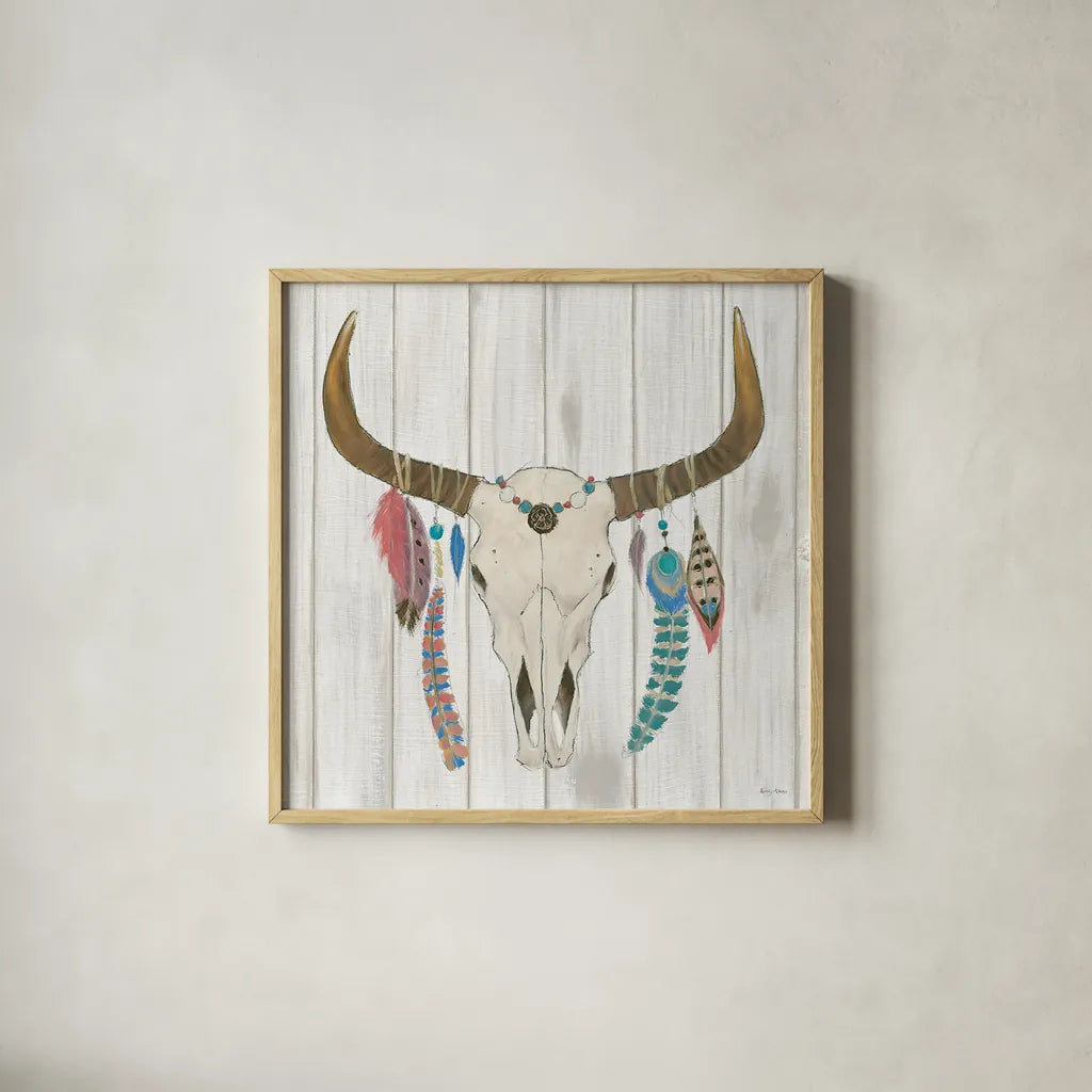 Bohemian Rising I no Border by Emily Adams. Shown in a natural wood glass frame for a timeless modern aesthetic. Available as an archival giclee rolled canvas, fine art paper, or poster print. SKU 22975a.