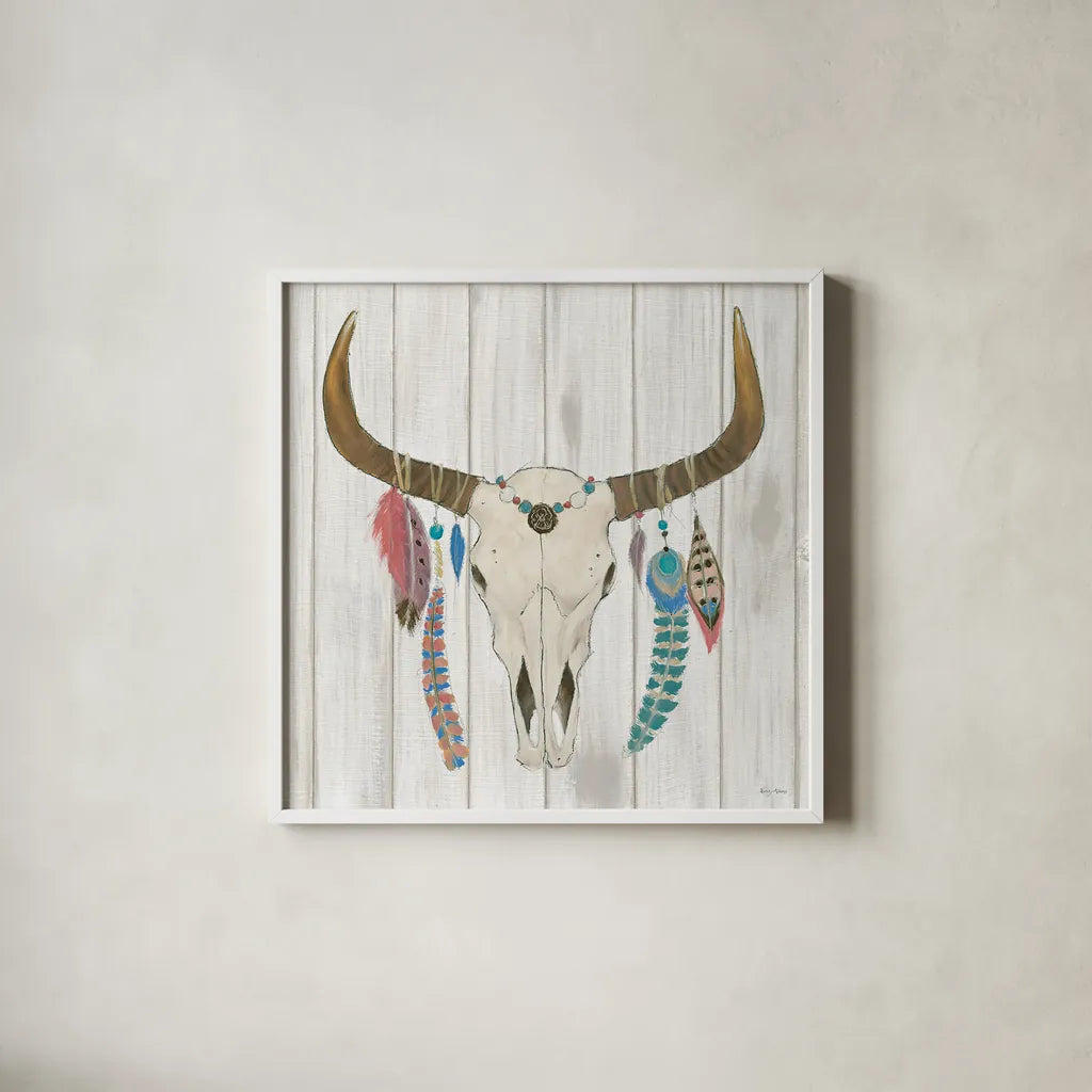 Bohemian Rising I no Border by Emily Adams. Shown in a crisp white glass frame for a clean and minimalist style. Available as an archival giclee rolled canvas, fine art paper, or poster print. SKU 22975a.