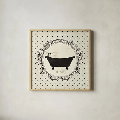 Cartouche Bath by Emily Adams. Shown in a natural wood glass frame for a timeless modern aesthetic. Available as an archival giclee rolled canvas, fine art paper, or poster print. SKU 11965a.