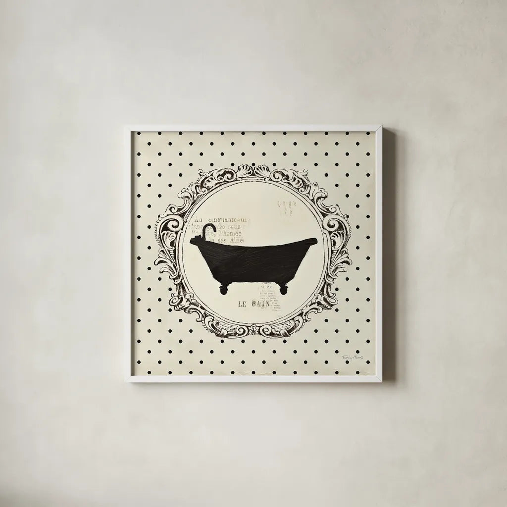 Cartouche Bath by Emily Adams. Shown in a crisp white glass frame for a clean and minimalist style. Available as an archival giclee rolled canvas, fine art paper, or poster print. SKU 11965a.