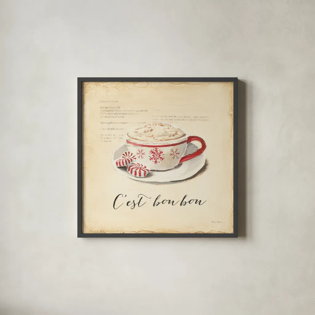 Cest Bon Bon by Emily Adams. Shown in a sleek black glass frame for a contemporary gallery look. Available as an archival giclee rolled canvas, fine art paper, or poster print. SKU 19054a.