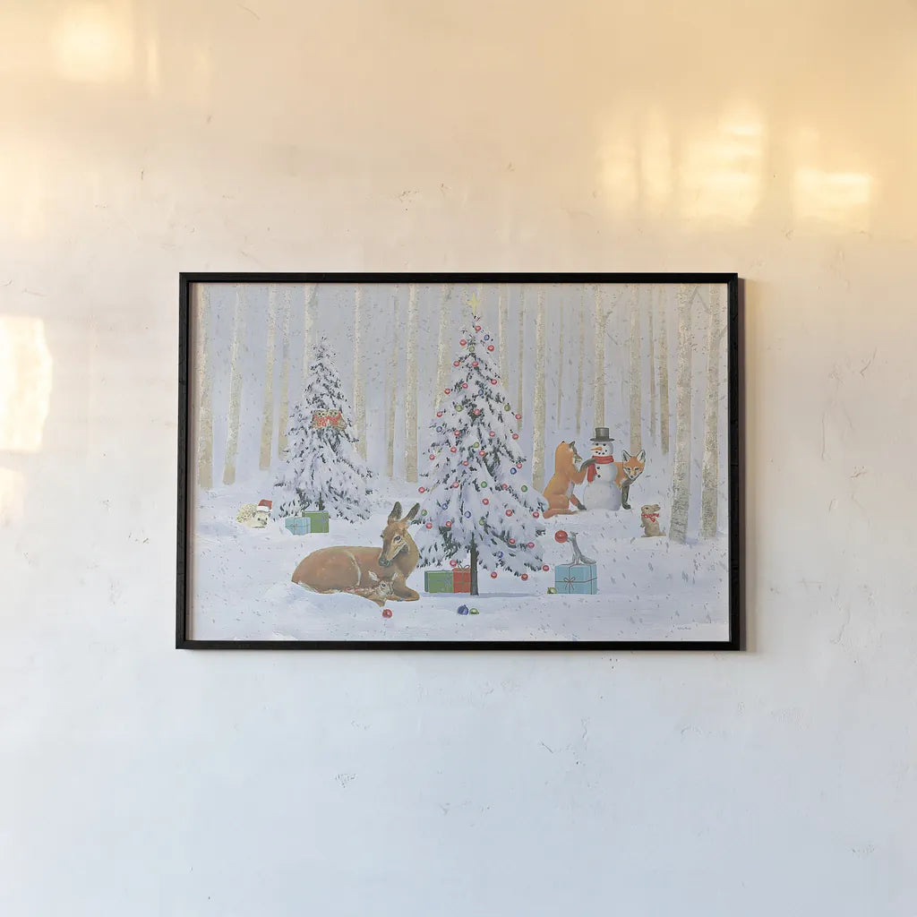 Christmas Critters Bright I by Emily Adams. shown as a paper print in a black flame. Available as a archival giclee rolled canvas, fine art paper, or poster print. SKU 49189i.