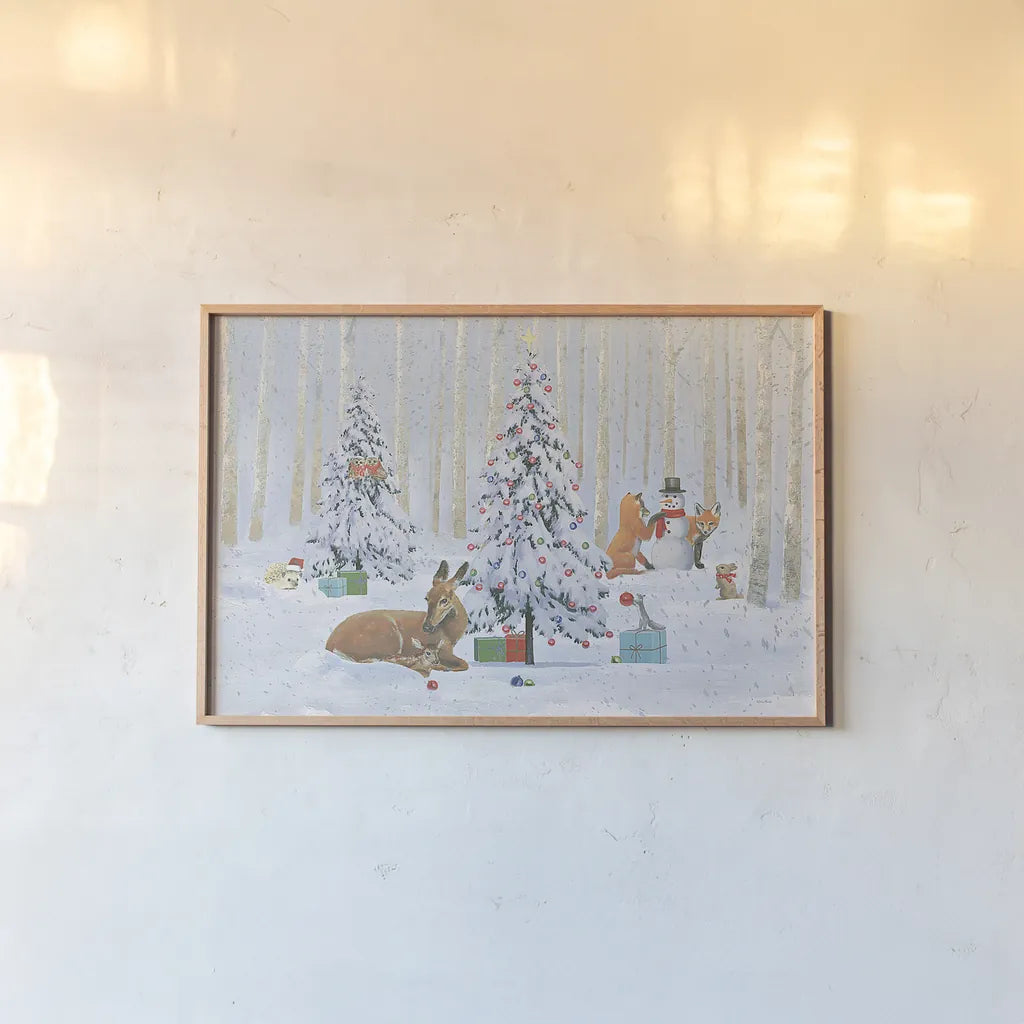 Christmas Critters Bright I by Emily Adams. shown as a paper print in a natural frame. Available as a archival giclee rolled canvas, fine art paper, or poster print. SKU 49189i.