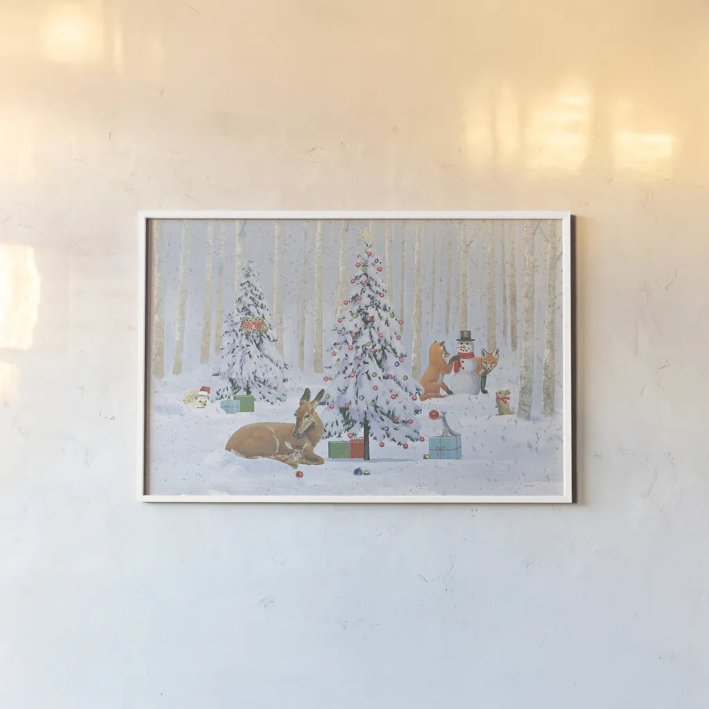 Christmas Critters Bright I by Emily Adams. shown as a paper print in a white frame. Available as a archival giclee rolled canvas, fine art paper, or poster print. SKU 49189i.