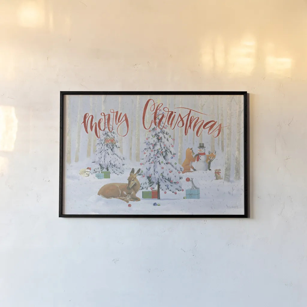 Christmas Critters Bright I Merry Christmas by Emily Adams. shown as a paper print in a black flame. Available as a archival giclee rolled canvas, fine art paper, or poster print. SKU 76168i.