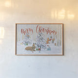 Christmas Critters Bright I Merry Christmas by Emily Adams. shown as a paper print in a natural frame. Available as a archival giclee rolled canvas, fine art paper, or poster print. SKU 76168i.
