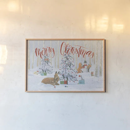 Christmas Critters Bright I Merry Christmas by Emily Adams. shown as a paper print in a natural frame. Available as a archival giclee rolled canvas, fine art paper, or poster print. SKU 76168i.