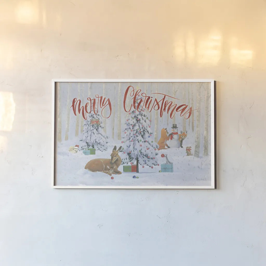 Christmas Critters Bright I Merry Christmas by Emily Adams. shown as a paper print in a white frame. Available as a archival giclee rolled canvas, fine art paper, or poster print. SKU 76168i.