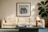 Christmas Critters Bright II by Emily Adams. Displayed in a glass frame with matte in a clean modern living room. Available as an archival giclee rolled canvas, fine art paper, or poster print. SKU 49190a.