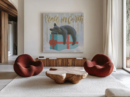 Christmas Critters Bright II by Emily Adams. Shown as extra-large giant wall art in a modern living room. Available as an archival giclee rolled canvas, fine art paper, or poster print. SKU 49190a.