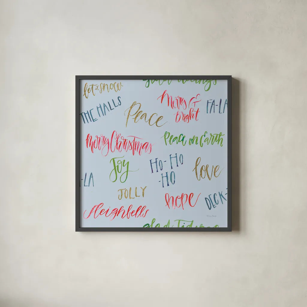 Christmas Critters Bright Pattern IA by Emily Adams. Shown in a sleek black glass frame for a contemporary gallery look. Available as an archival giclee rolled canvas, fine art paper, or poster print. SKU 49200a.