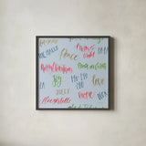 Christmas Critters Bright Pattern IA by Emily Adams. Shown in a sleek black glass frame for a contemporary gallery look. Available as an archival giclee rolled canvas, fine art paper, or poster print. SKU 49200a.