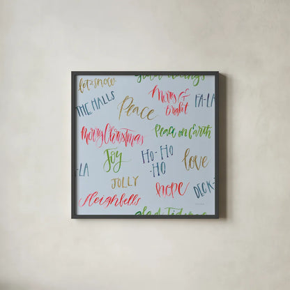 Christmas Critters Bright Pattern IA by Emily Adams. Shown in a sleek black glass frame for a contemporary gallery look. Available as an archival giclee rolled canvas, fine art paper, or poster print. SKU 49200a.