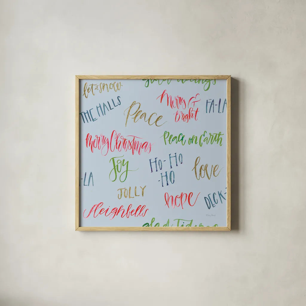 Christmas Critters Bright Pattern IA by Emily Adams. Shown in a natural wood glass frame for a timeless modern aesthetic. Available as an archival giclee rolled canvas, fine art paper, or poster print. SKU 49200a.