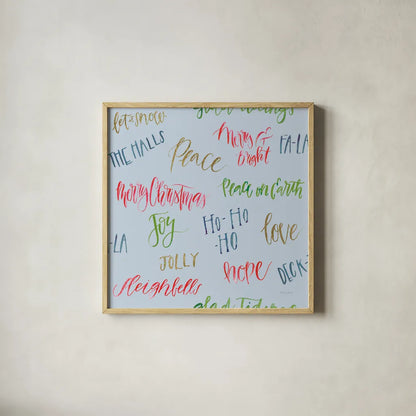 Christmas Critters Bright Pattern IA by Emily Adams. Shown in a natural wood glass frame for a timeless modern aesthetic. Available as an archival giclee rolled canvas, fine art paper, or poster print. SKU 49200a.