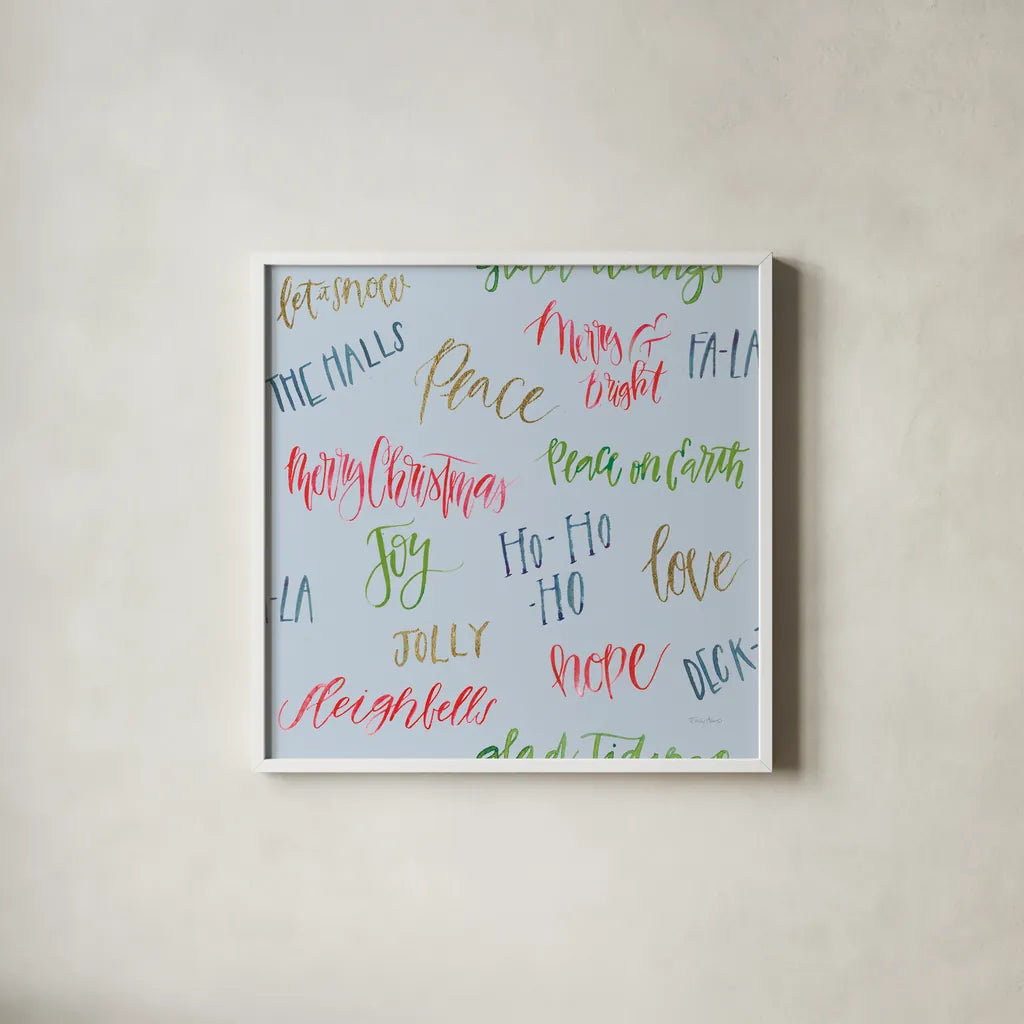 Christmas Critters Bright Pattern IA by Emily Adams. Shown in a crisp white glass frame for a clean and minimalist style. Available as an archival giclee rolled canvas, fine art paper, or poster print. SKU 49200a.