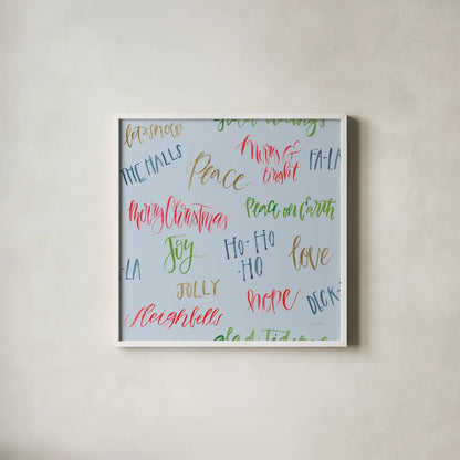 Christmas Critters Bright Pattern IA by Emily Adams. Shown in a crisp white glass frame for a clean and minimalist style. Available as an archival giclee rolled canvas, fine art paper, or poster print. SKU 49200a.