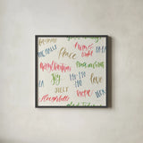 Christmas Critters Bright Pattern IB by Emily Adams. Shown in a sleek black glass frame for a contemporary gallery look. Available as an archival giclee rolled canvas, fine art paper, or poster print. SKU 49201a.