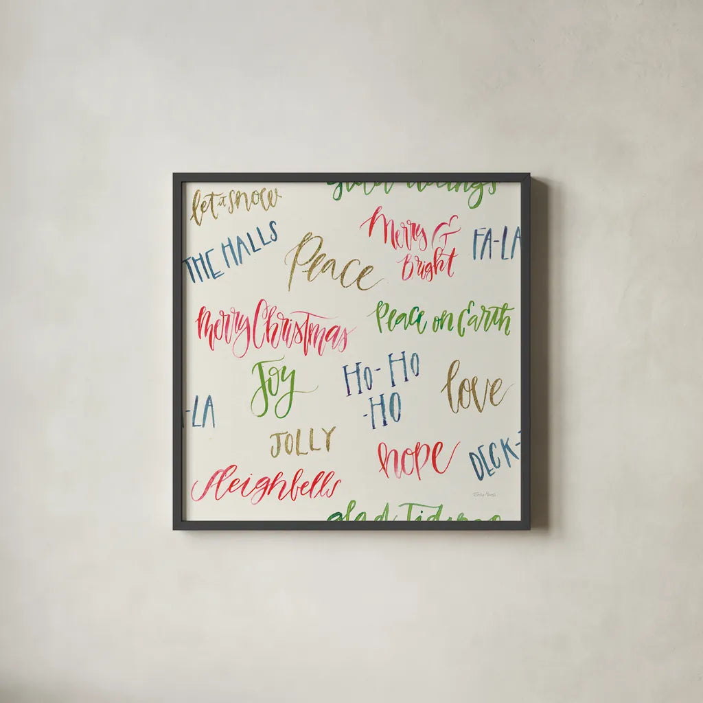 Christmas Critters Bright Pattern IB by Emily Adams. Shown in a sleek black glass frame for a contemporary gallery look. Available as an archival giclee rolled canvas, fine art paper, or poster print. SKU 49201a.