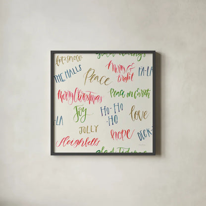 Christmas Critters Bright Pattern IB by Emily Adams. Shown in a sleek black glass frame for a contemporary gallery look. Available as an archival giclee rolled canvas, fine art paper, or poster print. SKU 49201a.