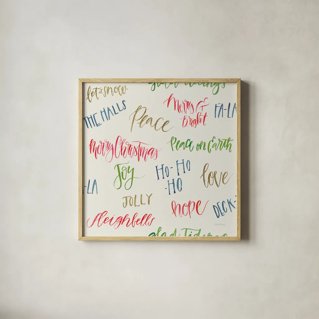 Christmas Critters Bright Pattern IB by Emily Adams. Shown in a natural wood glass frame for a timeless modern aesthetic. Available as an archival giclee rolled canvas, fine art paper, or poster print. SKU 49201a.